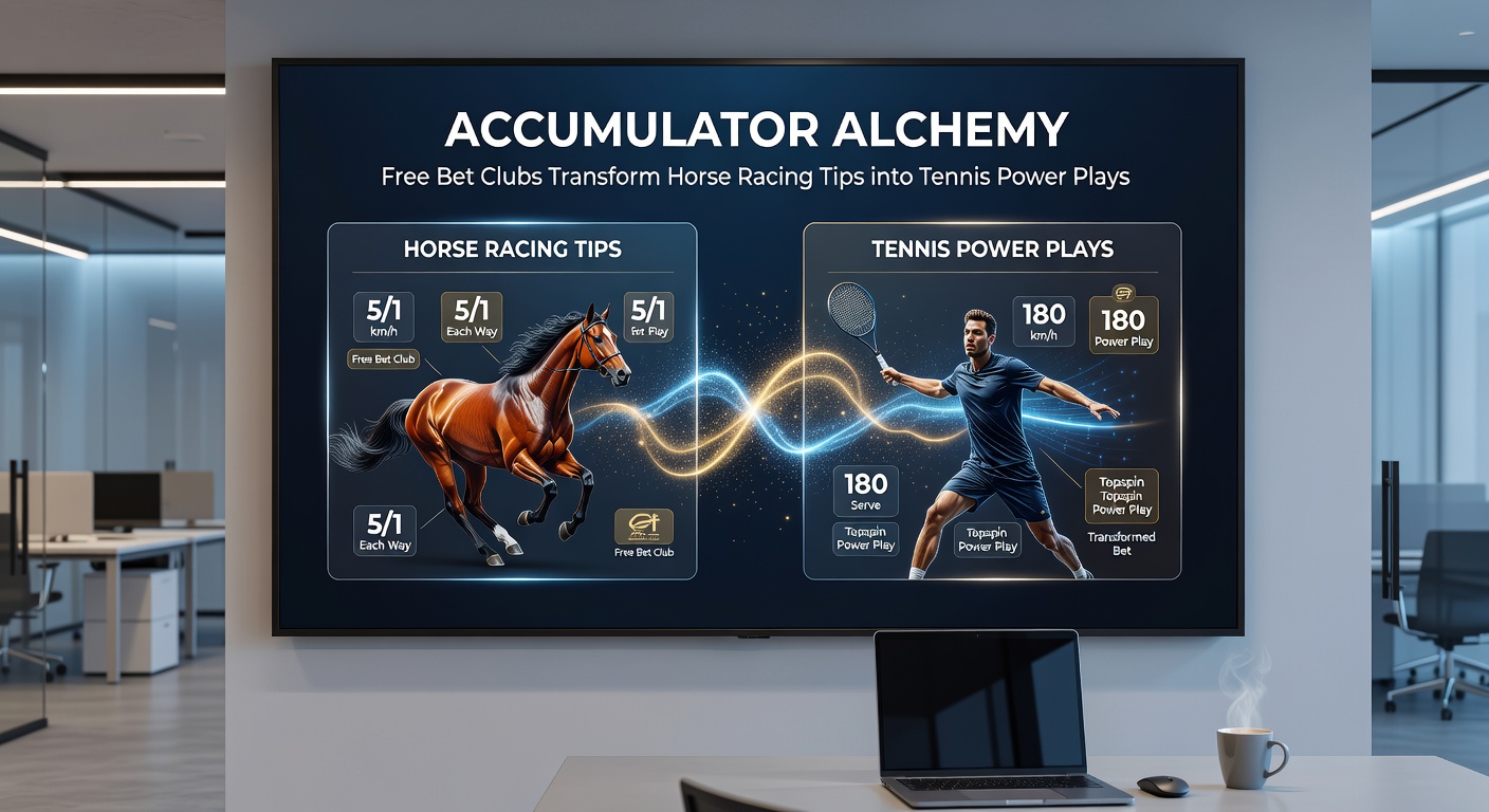 Dynamic split image of a winning horse race finish line flowing into a tennis player smashing a forehand, with free bet icons and accumulator payout graphics