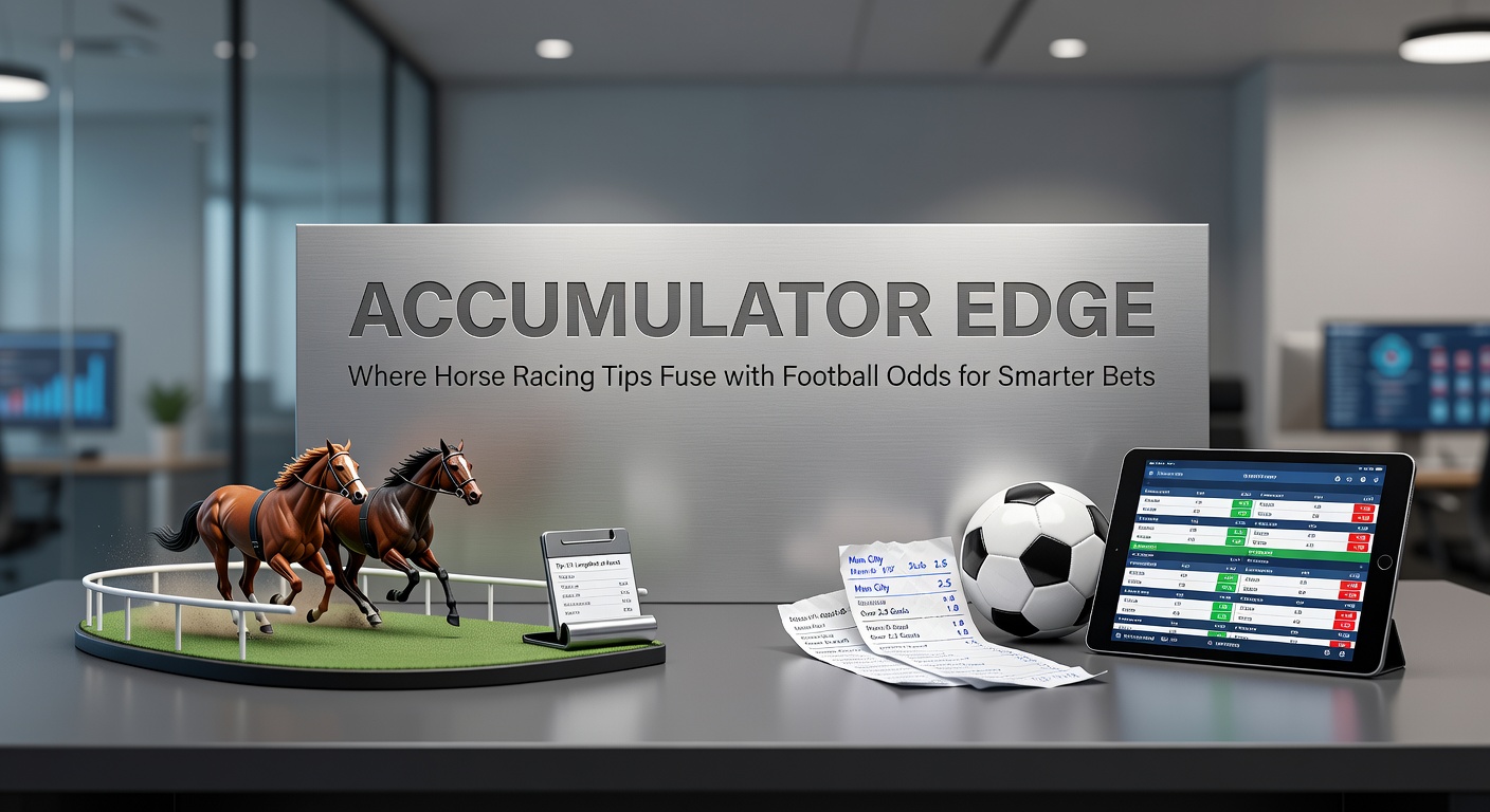 Horse racing track meets football pitch in a dynamic accumulator betting graphic, symbolizing fused strategies