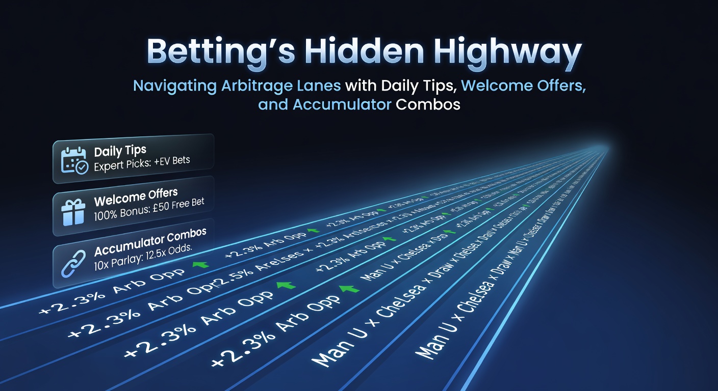Visual map of arbitrage betting paths intersecting with daily tips icons, welcome offer badges, and accumulator chains, symbolizing interconnected strategies for profit
