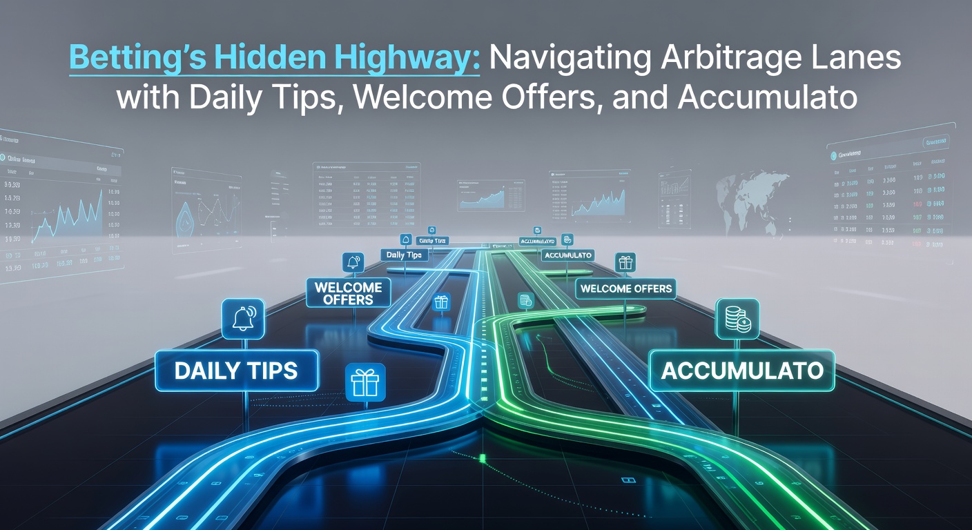 Dynamic graphic showing accumulator chains linking arbitrage bets, daily tip arrows, and welcome offer explosions, illustrating profit multiplication in a betting landscape