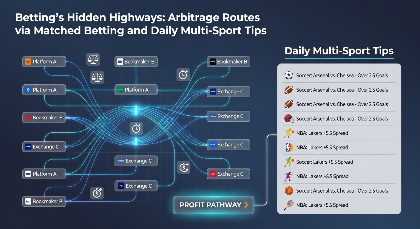 Diagram illustrating arbitrage flow from daily tips through matched betting to profit extraction across sports icons like golf, baseball, and cricket