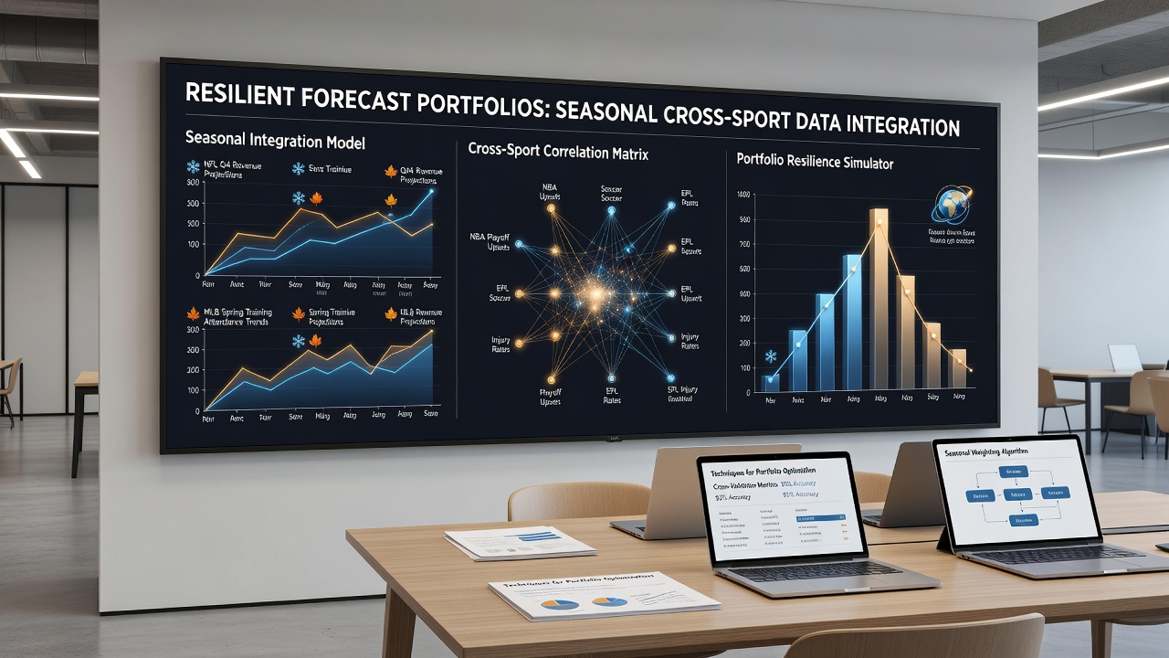 Analysts collaborating around a table with charts showing cross-sport seasonal trends and portfolio performance graphs