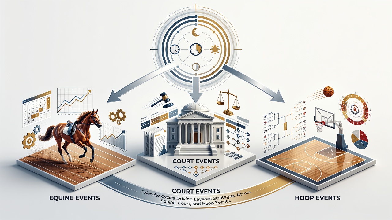 Detailed calendar map highlighting August 2026 overlaps between major horse racing festivals, tennis hard-court swing, and basketball summer training blocks