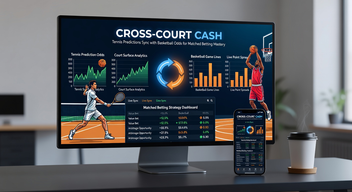 Tennis player serving on court with overlaid basketball odds graphics illustrating matched betting sync