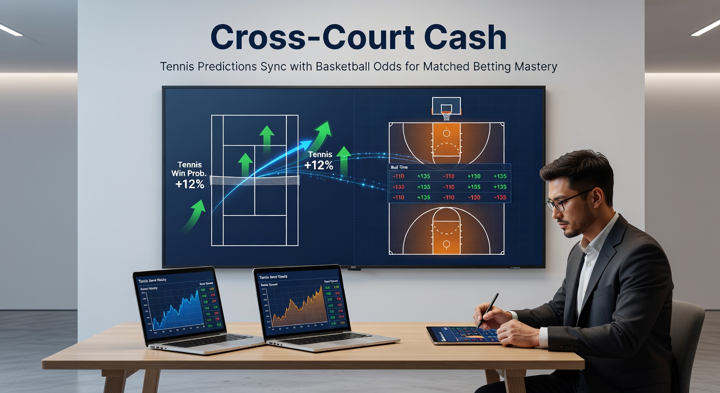 Basketball hoop with tennis racket overlay and odds charts showing matched betting alignment
