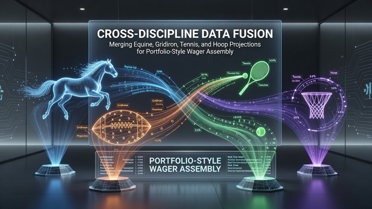 Visual representation of cross-discipline data fusion across horse racing, American football, tennis, and basketball analytics