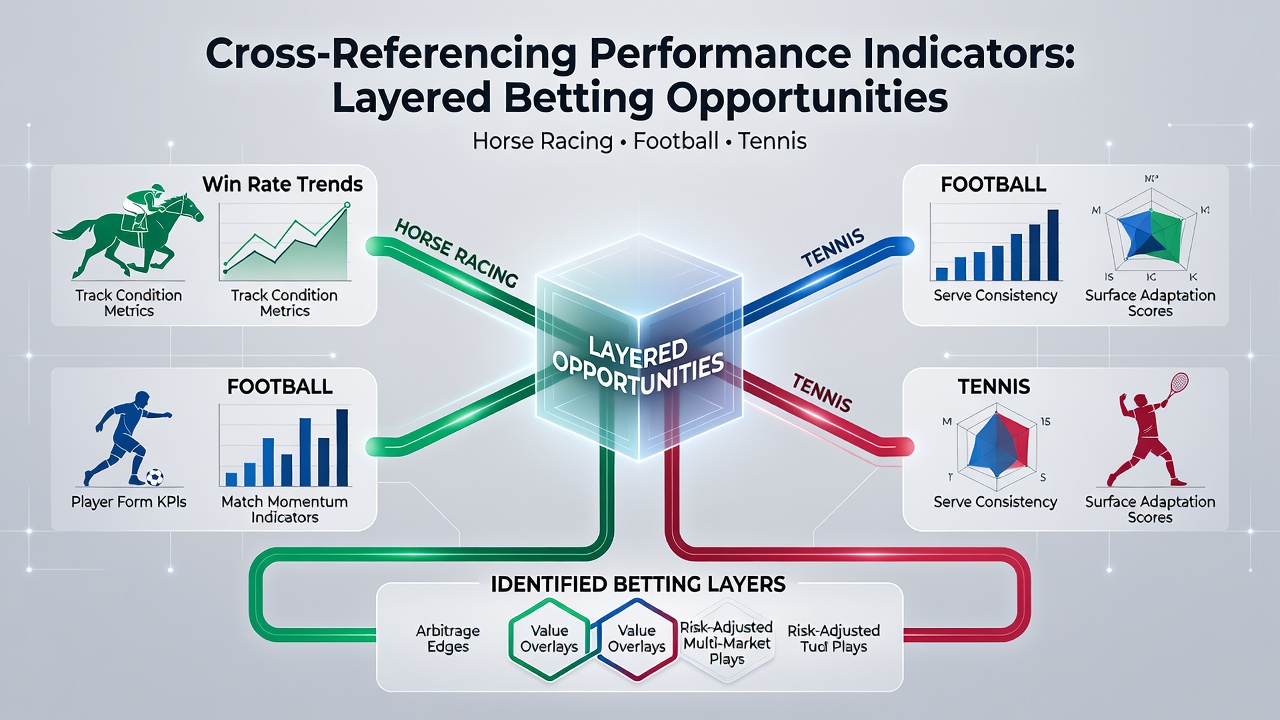 Visual representation of performance data charts from horse racing, football, and tennis overlaid on betting market grids