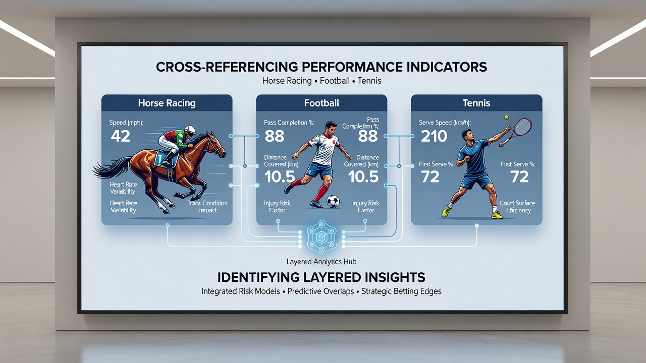 Dashboard screenshot showing cross-referenced metrics from three sports feeding into a layered betting matrix