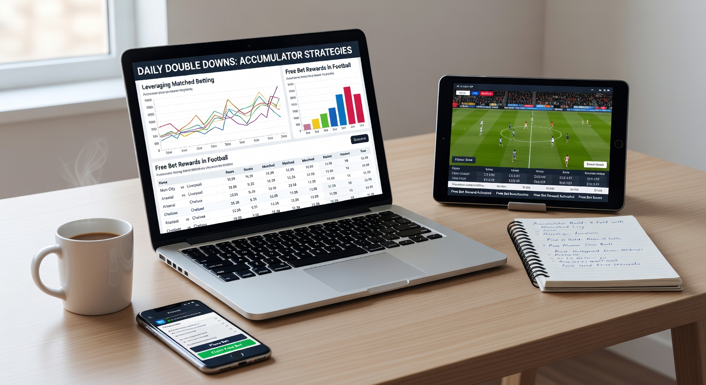 Step-by-step infographic showing a matched accumulator conversion from free bet to cash profit in a Premier League double down scenario
