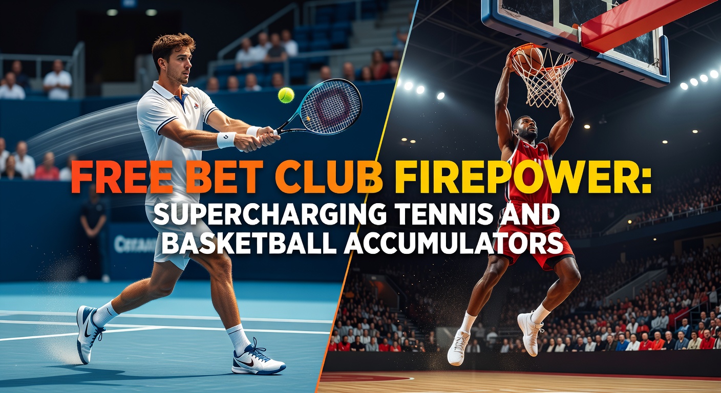 Dynamic graphic showing tennis racket clashing with basketball against a backdrop of exploding accumulator odds, symbolizing boosted betting firepower