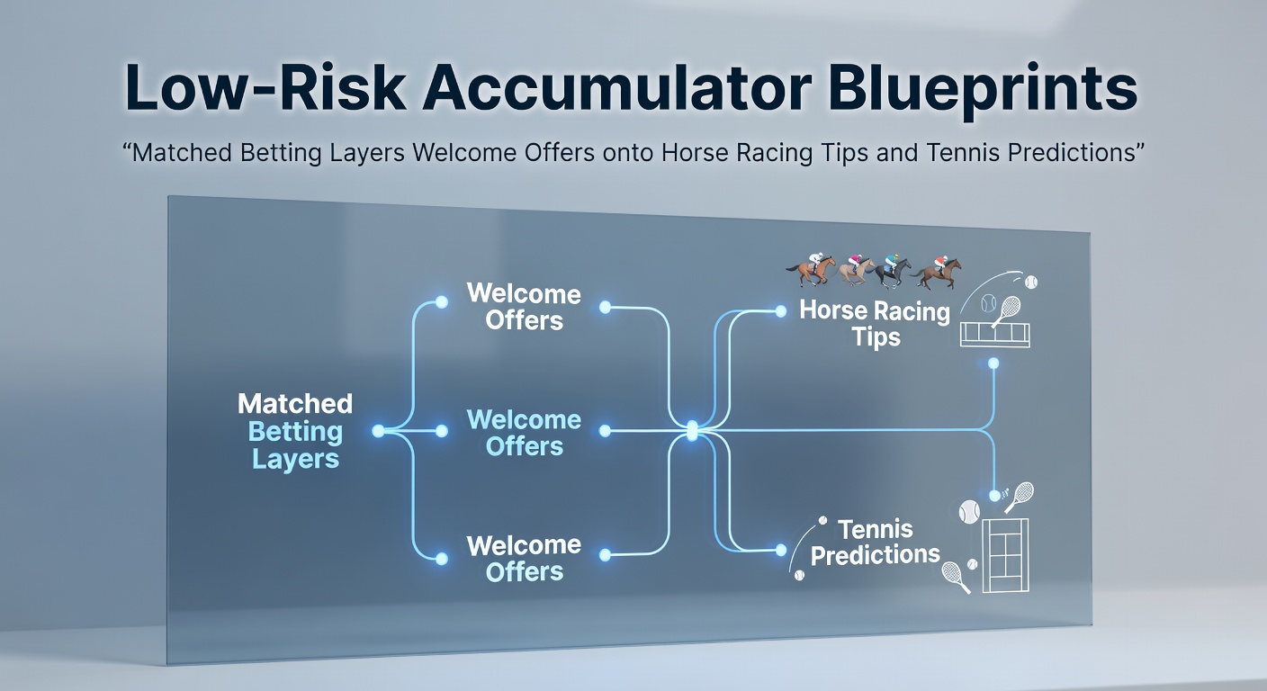 Visual blueprint of a low-risk accumulator bet combining matched betting elements, horse racing odds, and tennis match predictions, showing layered strategies for minimal exposure
