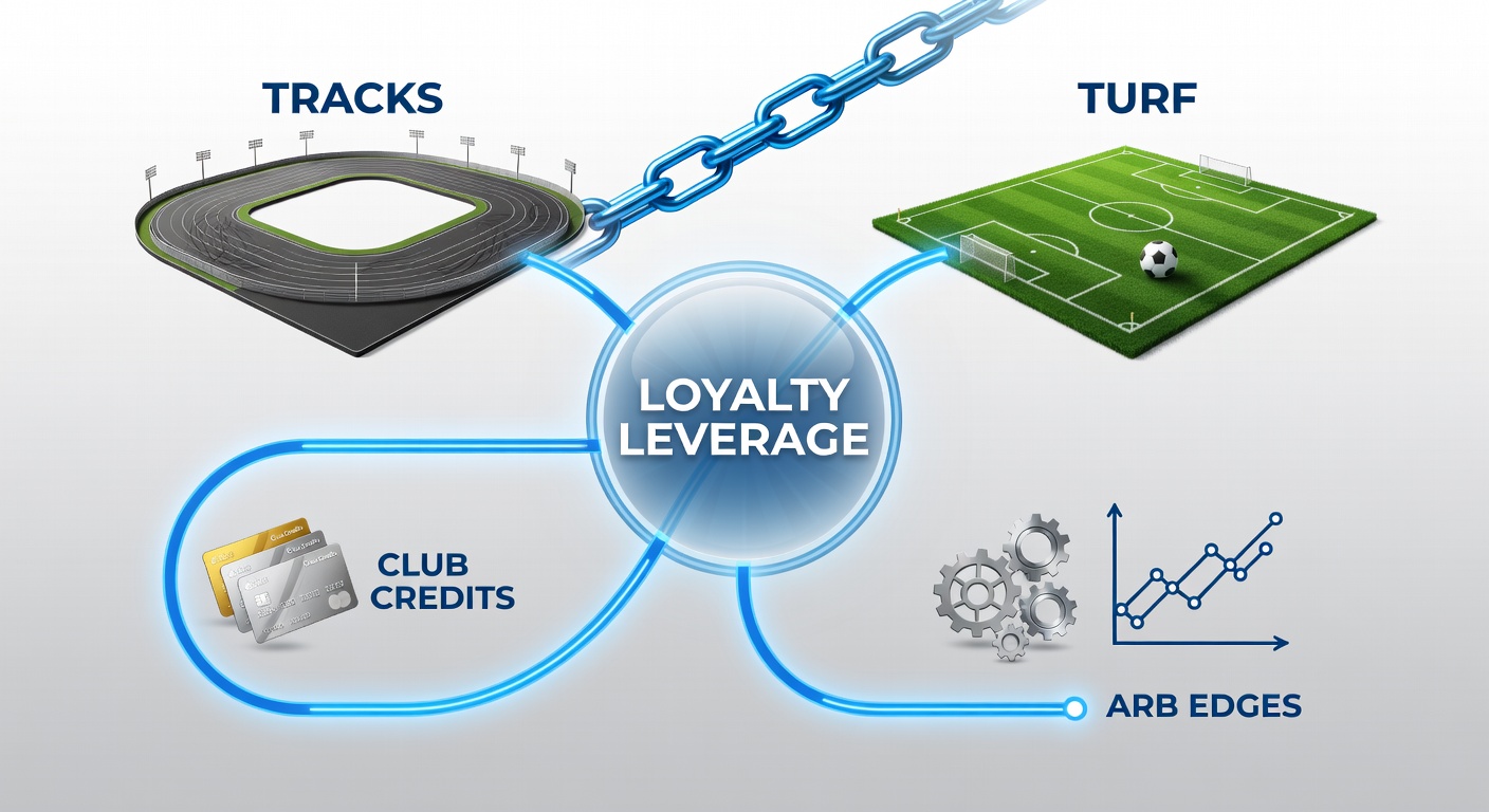 Horse racing track transitioning to a vibrant football pitch, symbolizing cross-sport betting chains powered by loyalty credits
