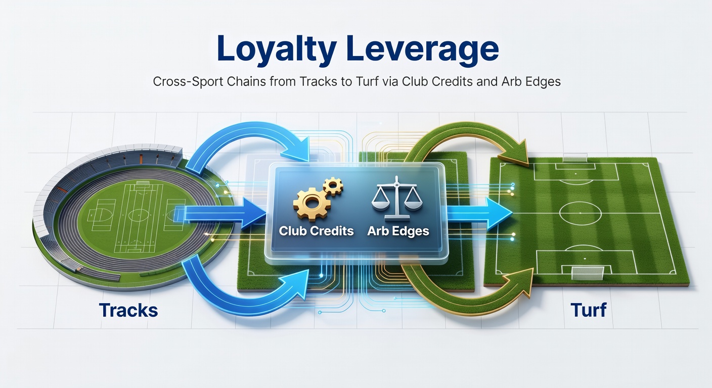 Infographic showing a chain of bets from horse racing loyalty credits to football arbitrage opportunities, with arrows linking tracks, credits, and turf pitches