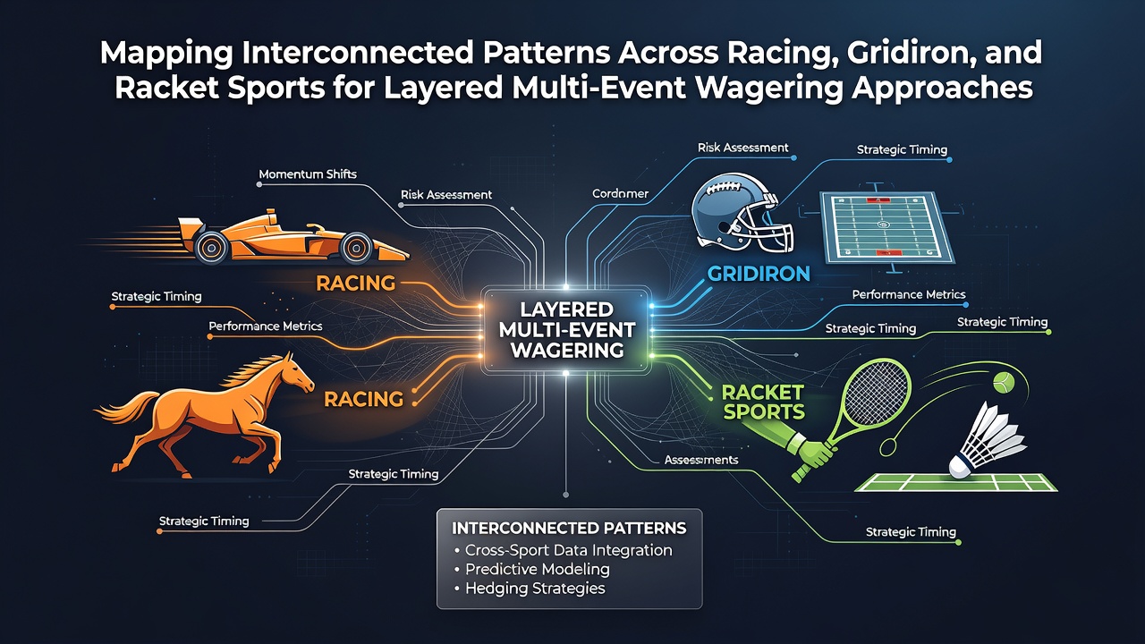 Visual representation of interconnected sports patterns across horse racing tracks, American football fields, and tennis courts used in multi-event wagering analysis