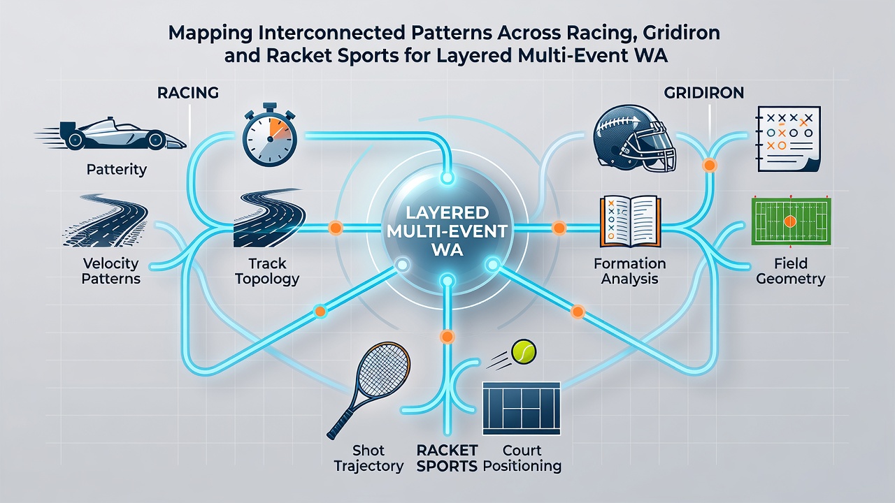 Diagram showing layered multi-event wagering sequences linking racing, gridiron, and racket sport data points