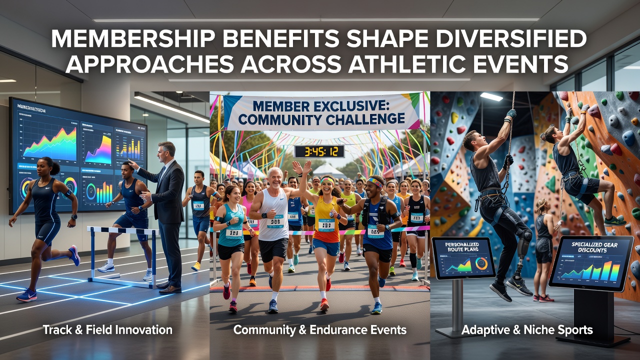 Athletes participating in various membership-supported track and field events at a stadium