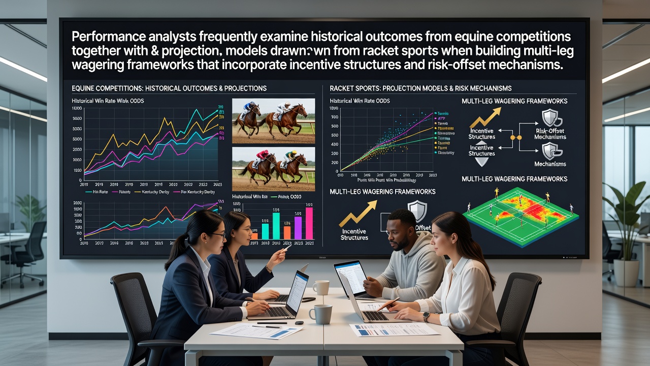 Performance analysts reviewing equine competition records alongside racket sport projection charts on dual monitors