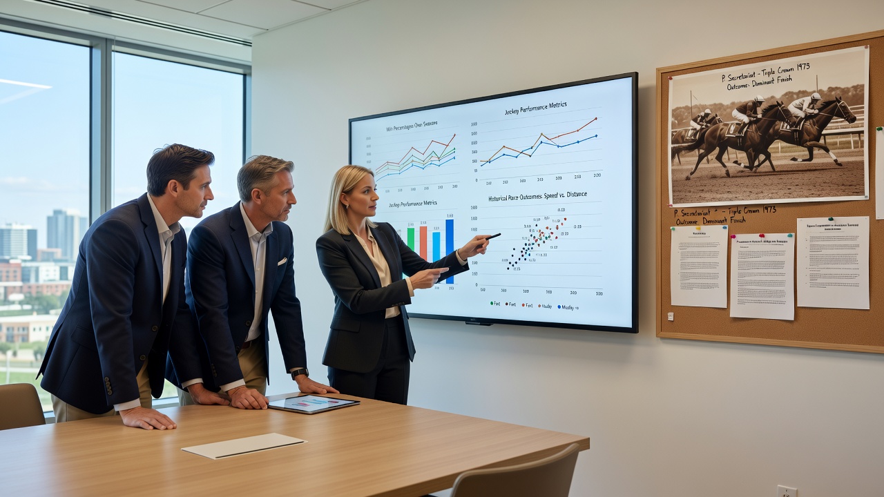Analyst workspace showing side-by-side equine performance graphs and tennis projection dashboards with hedging calculation overlays