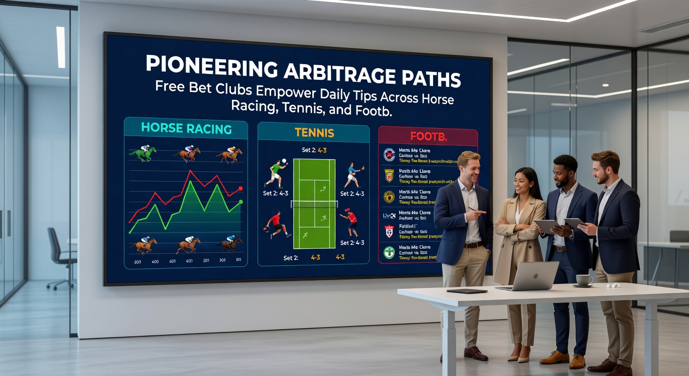Close-up of a strategic betting dashboard merging horse racing form guides, tennis match stats, and football odds screens, with free bet club icons overlayed for arbitrage mapping