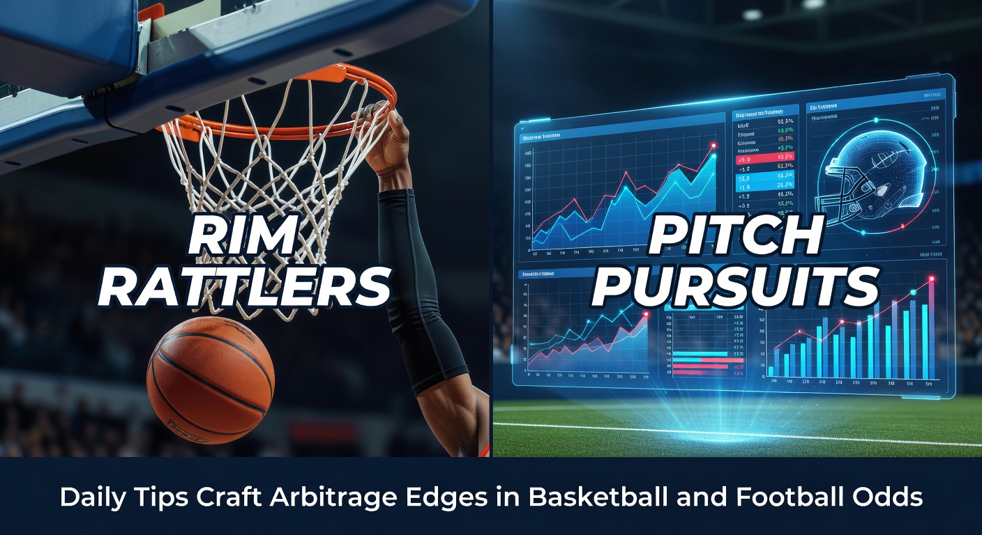 Dynamic illustration of basketball hoops and football pitches merging with odds charts for arbitrage strategies