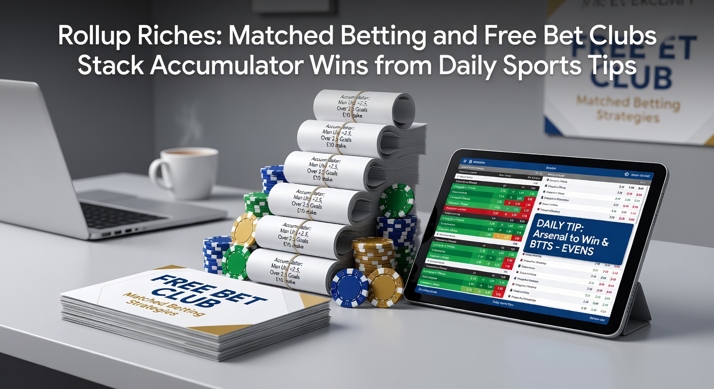 Visual breakdown of matched betting process overlaying accumulator bets from daily sports tips, showing profit stacking with free bet club icons