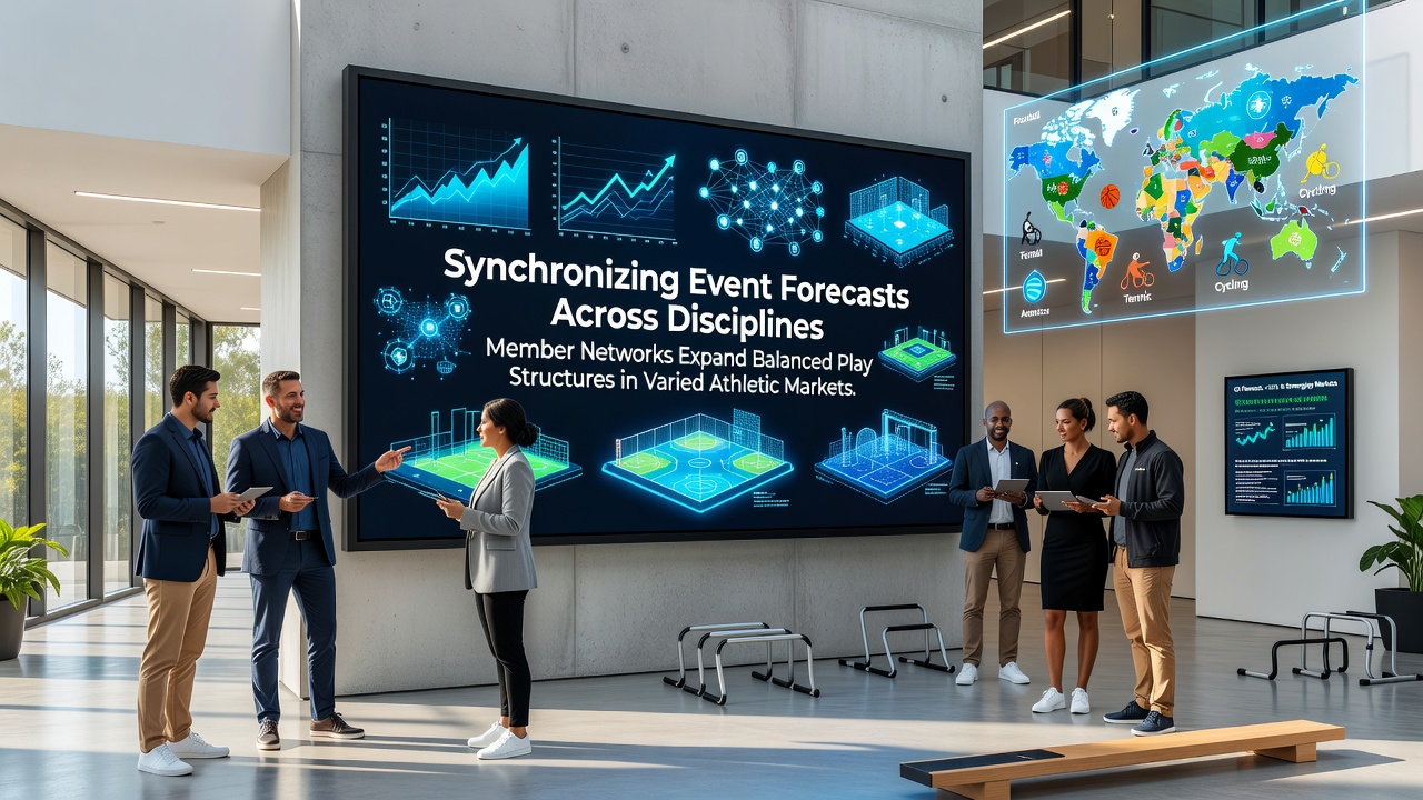 Diagram illustrating interconnected member networks coordinating event forecasts across multiple athletic disciplines and regional markets