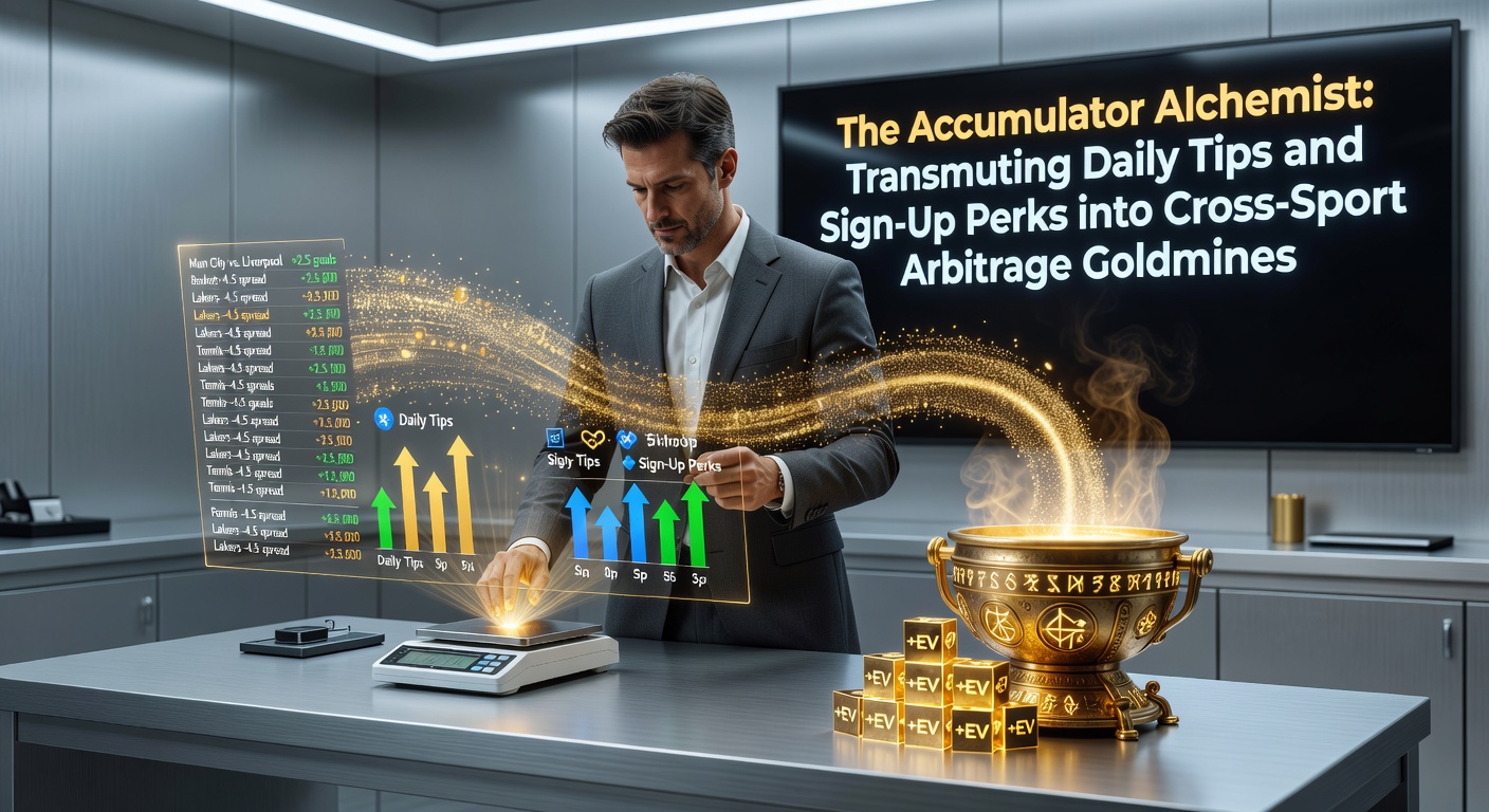 Visual representation of intertwined sports icons like footballs, tennis balls, and basketballs merging into a glowing accumulator bet structure, symbolizing cross-sport synergy