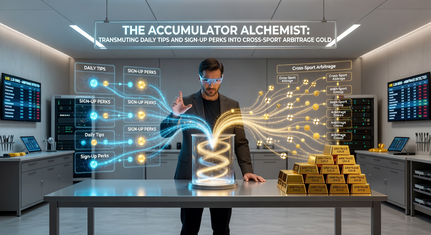 Dynamic graphic of signup bonus icons transforming into golden arbitrage arrows pointing across a sports arena map, illustrating reward conversion into profits