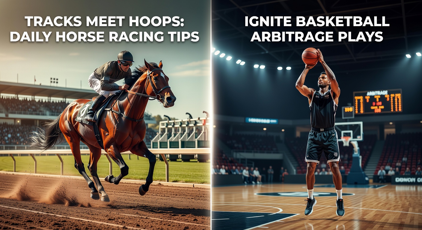 Vibrant scene of a horse race track merging visually with a basketball court, symbolizing the blend of horse racing tips and hoops arbitrage plays