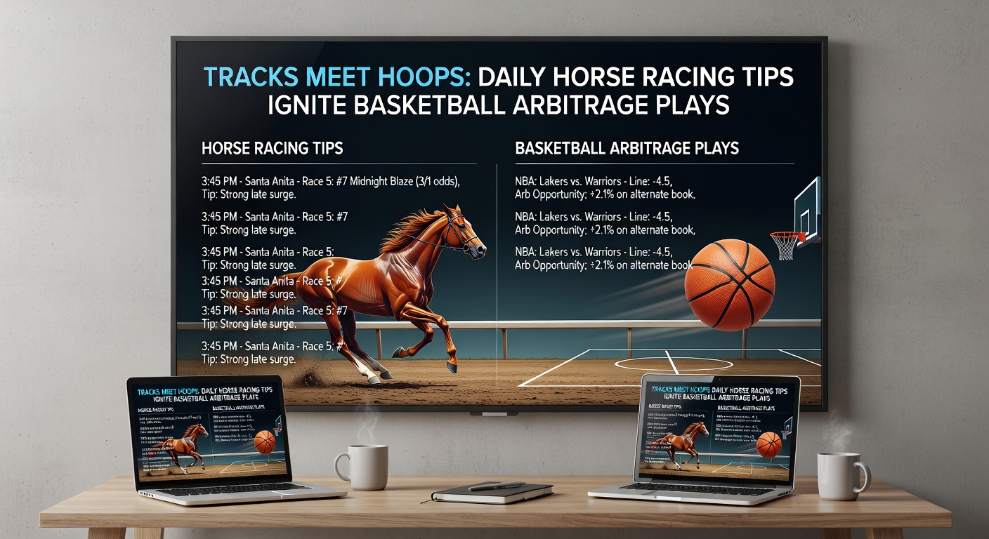 Dynamic graphic overlay of horse racing form guides alongside basketball betting odds screens, illustrating tip-to-arb transitions