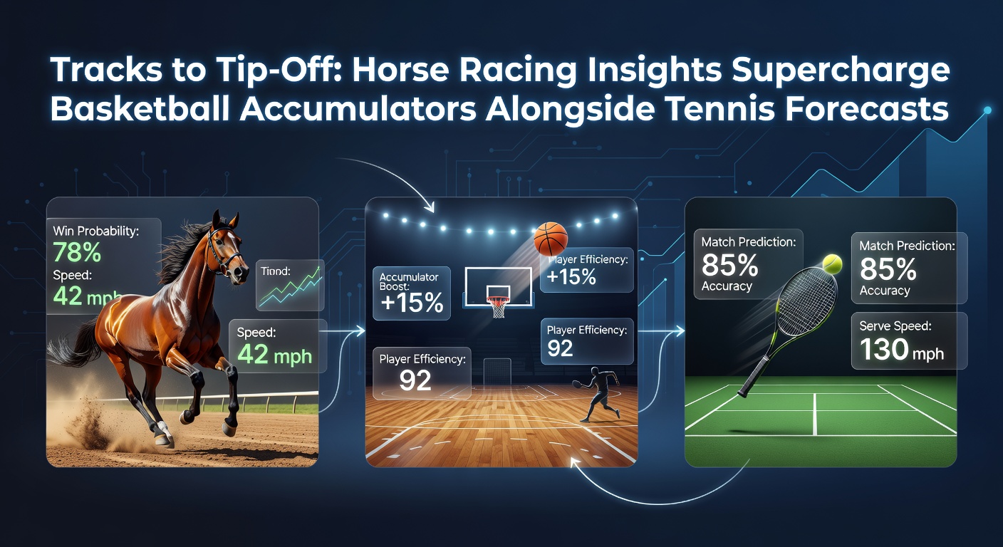 Horse racing track with overlaid basketball court and tennis net, symbolizing cross-sport betting fusion