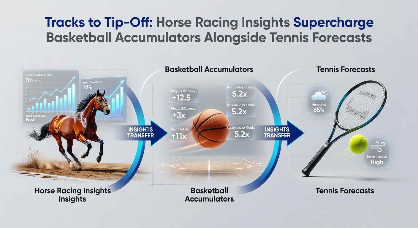 Dynamic split image of a galloping horse, mid-air basketball dunk, and tennis serve, illustrating integrated betting strategies