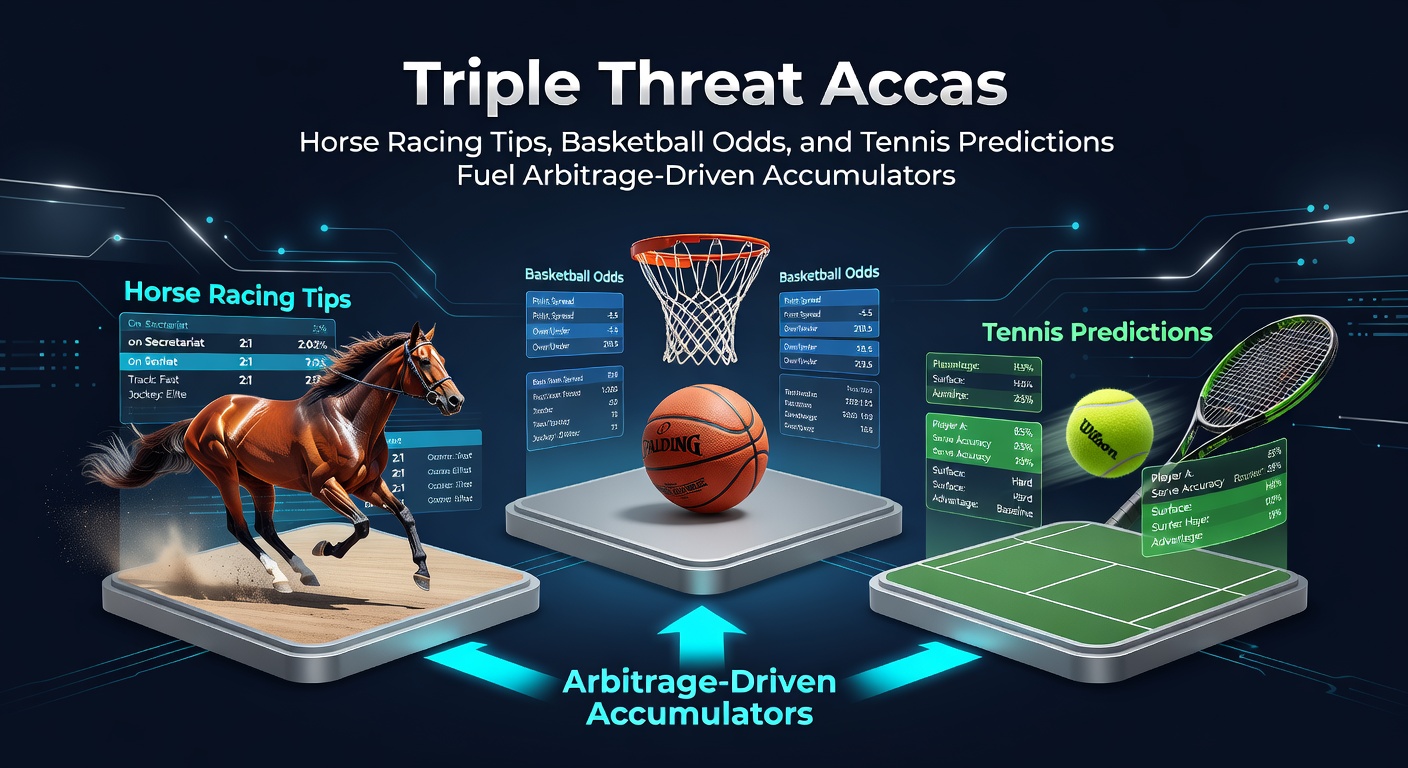 Dynamic collage showing horse racing tracks, basketball courts, and tennis matches with overlaid odds charts highlighting accumulator opportunities