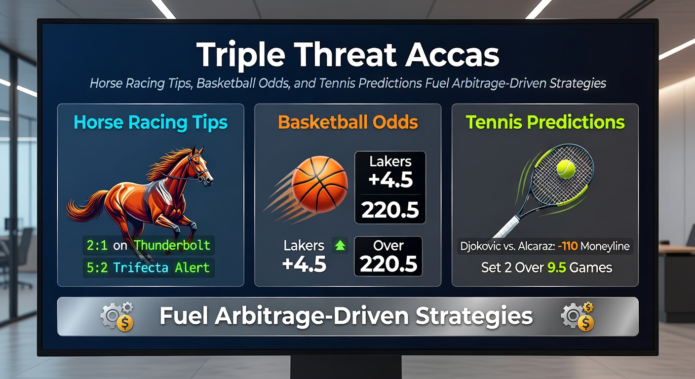 Close-up of a betting slip featuring horse, basketball, and tennis selections with arbitrage calculations overlaid on a digital screen