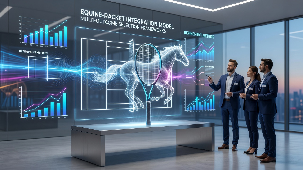 Multi-sport analytics interface showing combined horse racing, tennis, and basketball data streams feeding into a selection framework dashboard