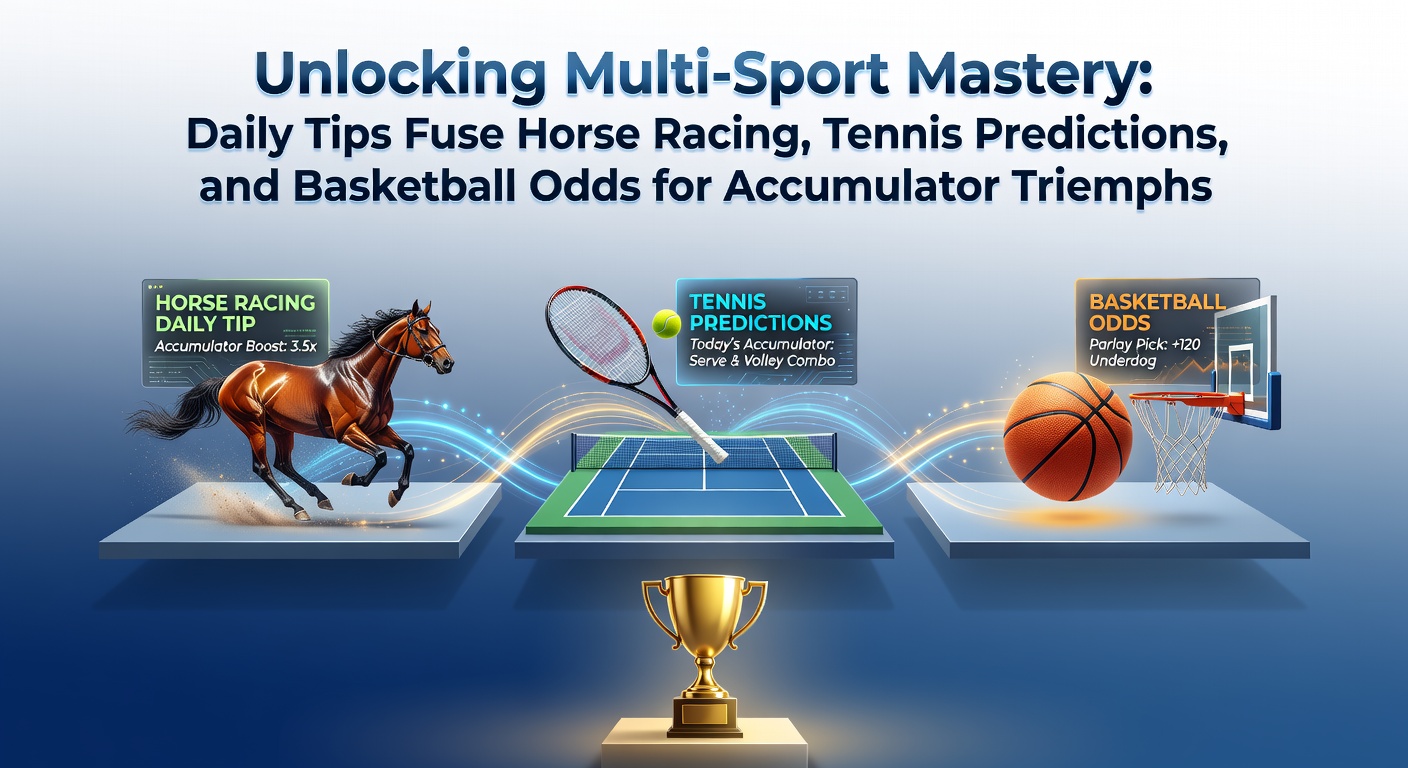 Dynamic collage of a horse race, tennis match, and basketball game highlighting accumulator betting fusion