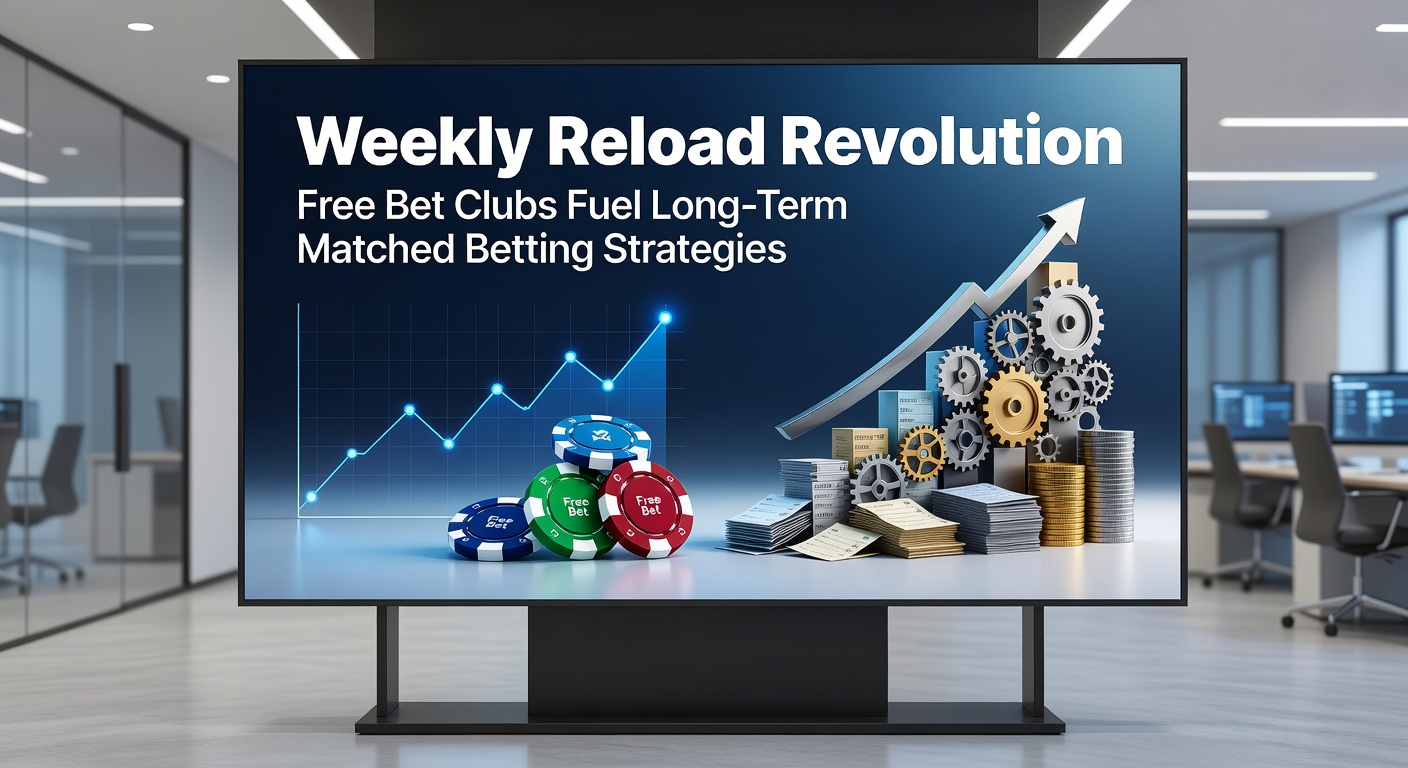 Illustration of a calendar highlighting weekly free bet promotions alongside matched betting charts showing profit growth over time