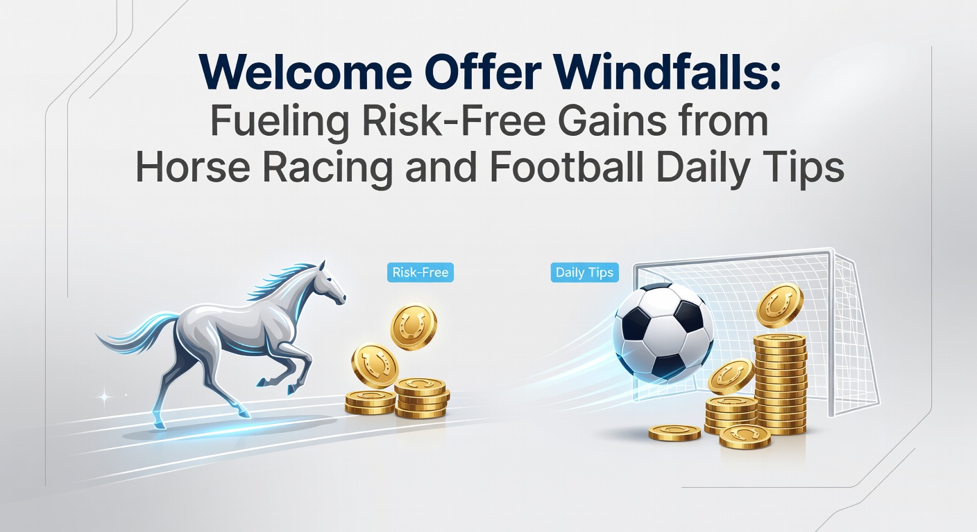 Horse racing track with overlay of football pitch and betting slips highlighting welcome offer promotions