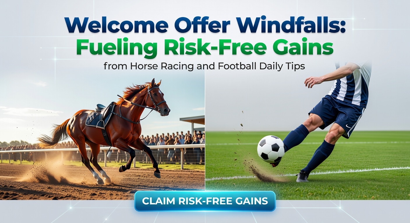 Split-screen graphic showing a horse racing finish line next to a football goal celebration, with welcome bonus icons and profit arrows