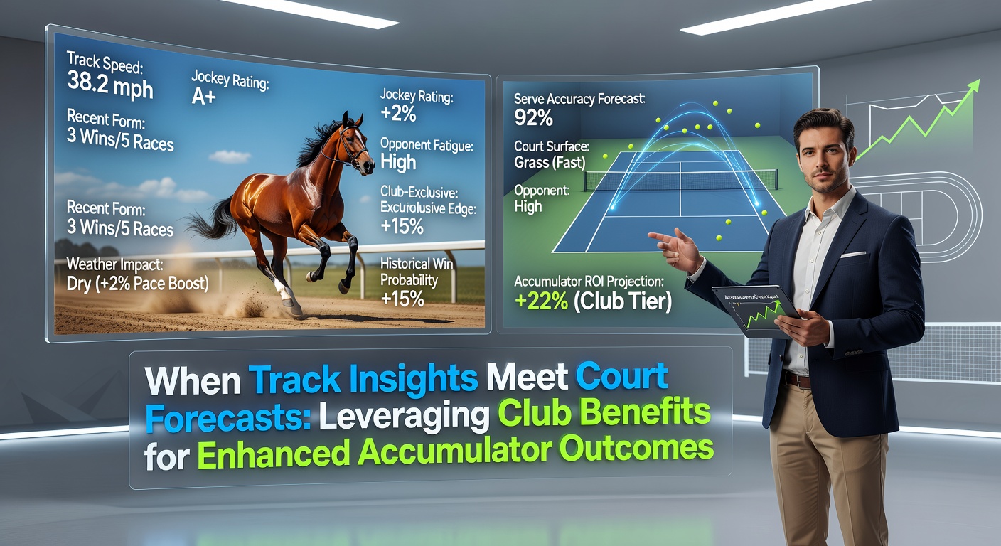 Horse racing track alongside tennis court with betting data overlays showing accumulator strategies